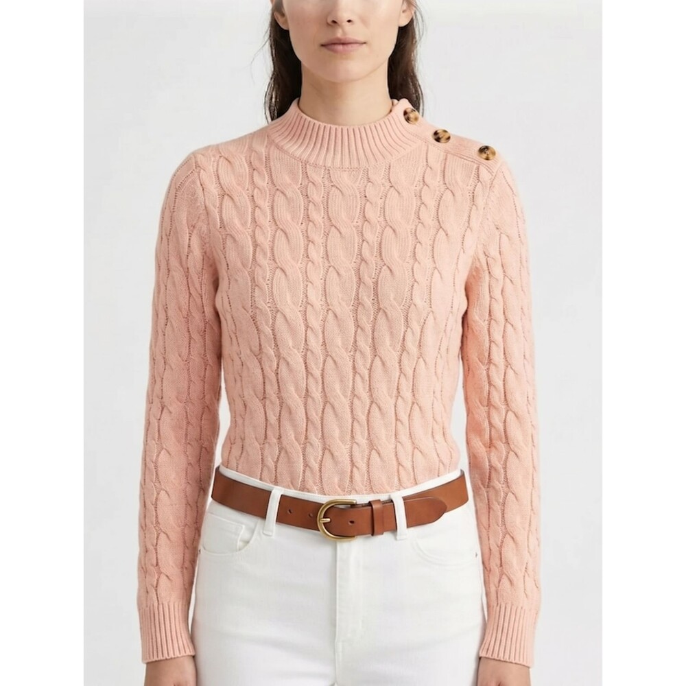 Lands' End Drifter Sweater Mock Neck Cable Knit Button Peach Pink Small
